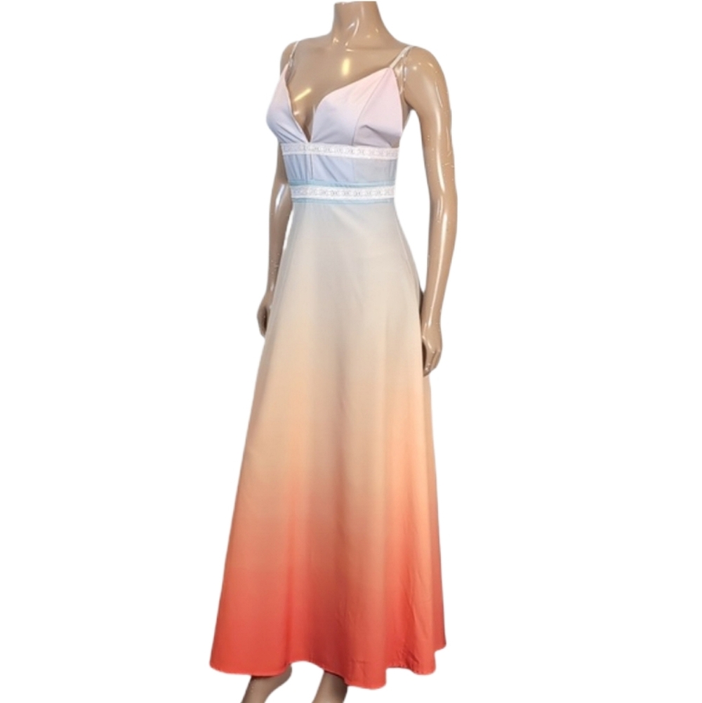 Boho Ombre Sunset Maxi Dress Pastel V-Neck Sleeveless Lace Waist A-Line Gown